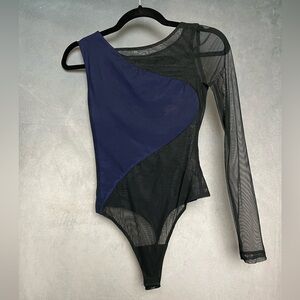 h:ours One-Shoulder Mesh Bodysuit in Black and Navy